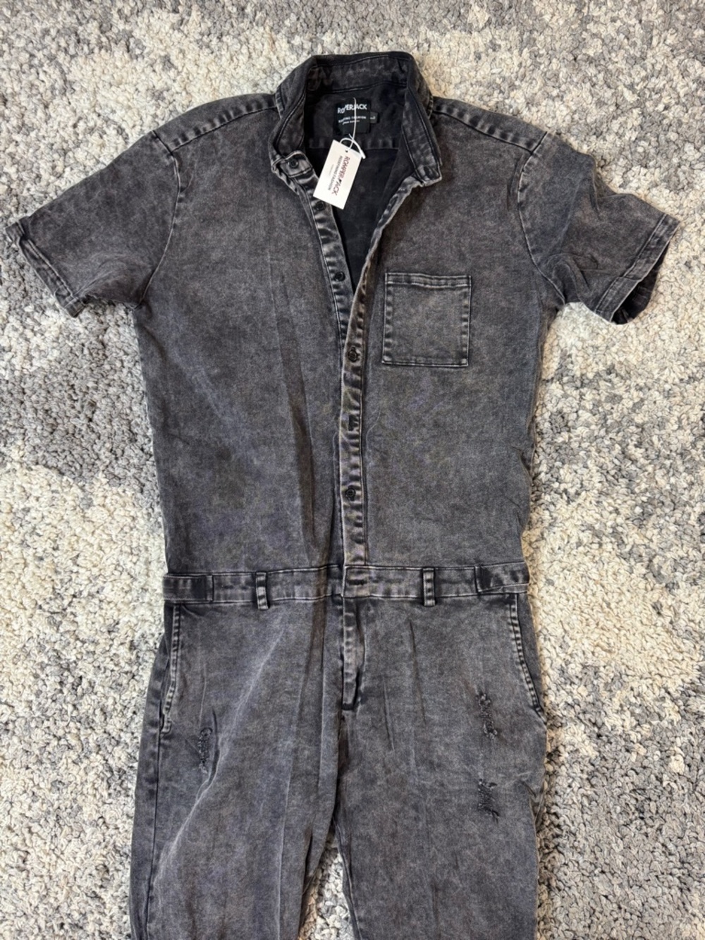 RomperJack, Men’s Washed Black Short-Sleeve Long Pants Denim Jumpsuit Romper